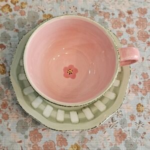 Vintage Wedgewood Franciscan Flora Earthenware Lg. Coffee Tea Cup Pink Green 8"